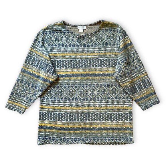 Vanity Aztec Sweater Womens Size M Green Ethnic Boho Thick Fleece 3/4 Sleeve USA - Picture 1 of 8